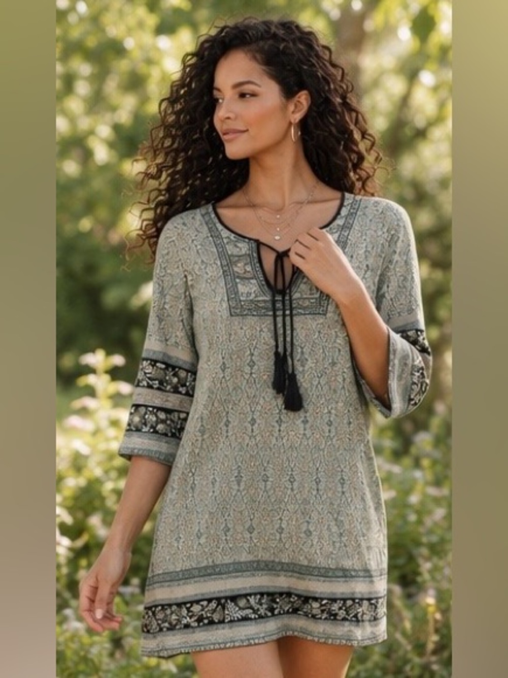 Tantrums Sage Green, Pink, White & Black Printed Boho Tie-Front Tunic/Mini Dress